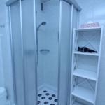 Shower enclosure with glass door, showerhead, and shelf with hair dryer.