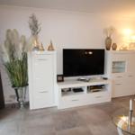 Living room with TV, white cabinets, and plants.
