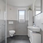 Badezimmer mit Dusche, Waschbecken und Toilette. Fenster, Pflanze und Spiegel sichtbar.