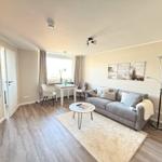 Living room with sofa, dining table, and TV. Window with curtains and wall art.