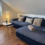Ein Wohnzimmer mit blauem Sofa, Holzboden und Fenster mit Jalousie.