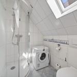 Badezimmer mit Dusche, Waschmaschine und Toilette unter Dachschrägen mit Dachfenster.