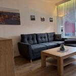 Ein Wohnzimmer mit grauem Sofa, Holztisch und Wandbildern.