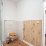 Badezimmer mit Dusche, Toilette und Holzwand