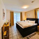 Bedroom with large bed, window with curtains and wooden furniture.