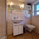 Bathroom with sink, toilet, and shower. Window with flower pattern.