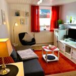 Living room with sofa, armchair, TV, and red rug.