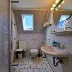 Bathroom with sink, toilet, and shower under sloped ceiling with skylight.