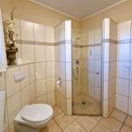 Bathroom with shower, toilet, and tiles