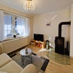 Living room with sofa, TV, wood stove, and window.