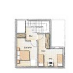 Obergeschossgrundriss mit Flur, Schlafzimmer und Kinderzimmer mit Einrichtung.