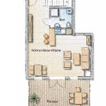Erdgeschossgrundriss mit Wohnbereich, Küche, Bad und Terrasse.