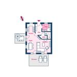 Dieses Haus hat eine Küche, Esszimmer, Wohnzimmer, Bad und eine Terrasse.