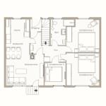 Ferienwohnung mit drei Schlafzimmern, Küche, Wohnzimmer und Bad. Flur, Essbereich und Eingang.