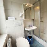 Badezimmer mit Dusche, Waschbecken und Toilette. Fenster, Handtuch und Spiegel sichtbar.