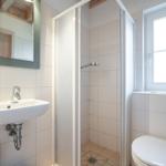 Bathroom with shower, sink, and toilet. Window provides natural light.