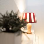 Eine Lampe mit rot-weißem Schirm steht auf einem Tisch neben einer Pflanze.