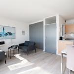 Wohnbereich mit Küchenzeile und Schlafzimmer. Wohnzimmer mit Sofa und Wandbild.