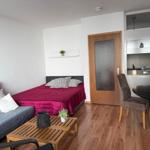 Schlafzimmer mit Bett, Couch und Küchenbereich im Hintergrund.