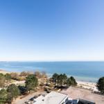 Panoramic view of the sea and beach with trees and buildings in the foreground.
