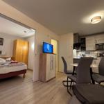 Apartment with bedroom, dining area, and kitchen. TV, cabinet, and table with chairs visible.