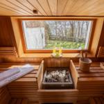 Sauna mit Holzbänken, Steinofen und Blick auf Garten