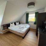 Schlafzimmer mit Doppelbett, Fenster, Kleiderschrank und TV.