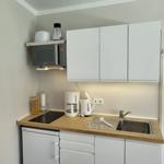 Küche mit Arbeitsplatte, Spüle, Kühlschrank und Mikrowelle.