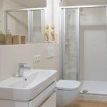 Badezimmer mit Dusche, Waschbecken und Toilette. Holzboden und Spiegel.