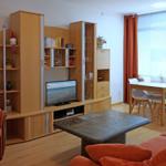 Living and dining area with wooden furniture, TV, and window with curtains.