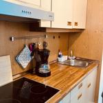 Kitchen with wooden countertop, cooktop, sink, and kitchen appliances.