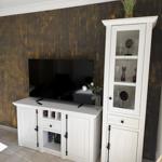 TV stand and tall cabinet in white with glass doors and decor.