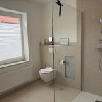 Bathroom with shower, toilet, and window with blinds.