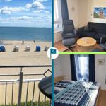 View of beach with pier, living room with sofa and chairs, bedroom with bed and window.