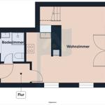 Wohnung mit Wohnzimmer, Badezimmer und Flur im Erdgeschoss.