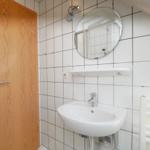 Badezimmer mit Waschbecken, Spiegel und Dusche.