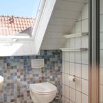Badezimmer mit Dusche, Toilette und Fenster. Wand mit Mosaikfliesen.