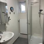 Bathroom with shower, sink, and toilet. Window and radiator visible.
