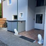 Entrance area with white lion statues, gray storage box, and bicycle.