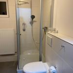Bathroom with shower, toilet, and toilet paper. Two white mugs on shelf.