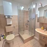 Badezimmer mit Dusche, Waschbecken und Toilette. Wandfliesen und Spiegel sichtbar.
