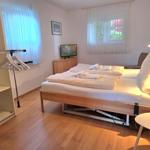Bedroom with double bed, clothes rack, and TV. Wooden floor and windows with blinds.