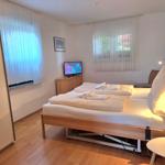 Bedroom with bed, TV, and windows.