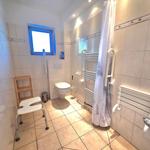 Bathroom with shower, toilet, and grab bar system.