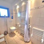 Bathroom with shower, toilet, and grab bars. Window with blue trim.