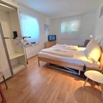 Bedroom with bed, closet, TV, and wooden floor.