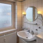 Bathroom with sink, mirror, and window with tinted glass.