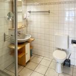 Badezimmer mit Dusche, Waschbecken und Spiegelschrank.