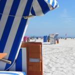 Strand mit Wellen, Sand und klarem Himmel. Ein paar Vögel fliegen über das Meer.