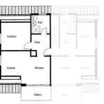 Haus mit Balkon, Glasfront und Garten. Modernes Design mit rotem Dach und weißen Fenstern.